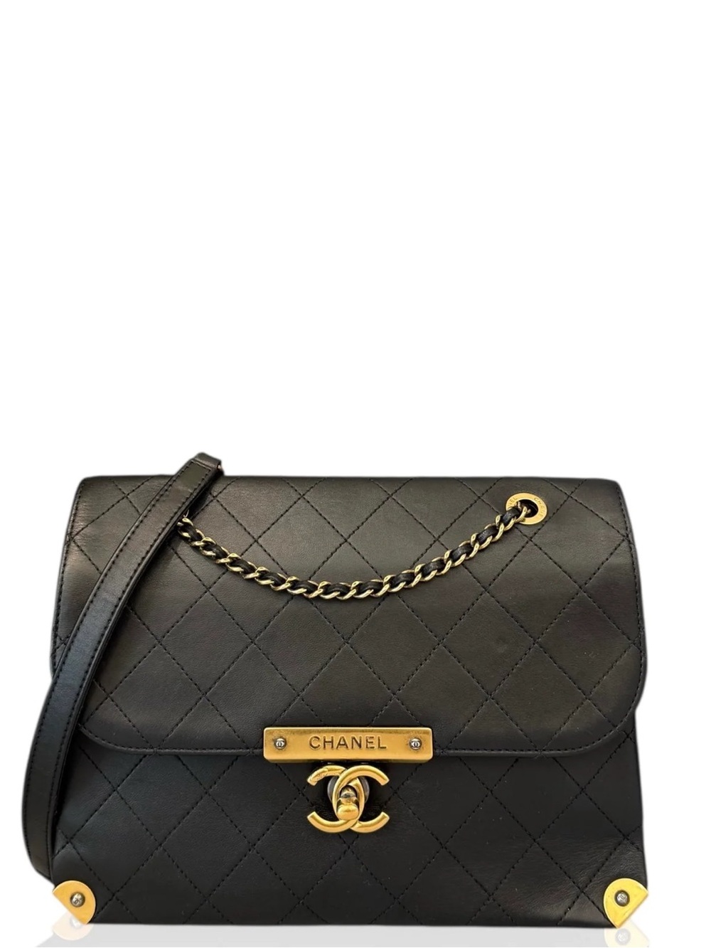 CHANEL Medium "Around The Corner" Quilted Flap Bag - Black & Aged Gold GHW
